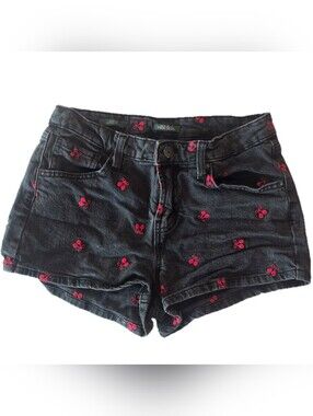 wild fable Black Denim Shorts with Pink Cherry Embroidery